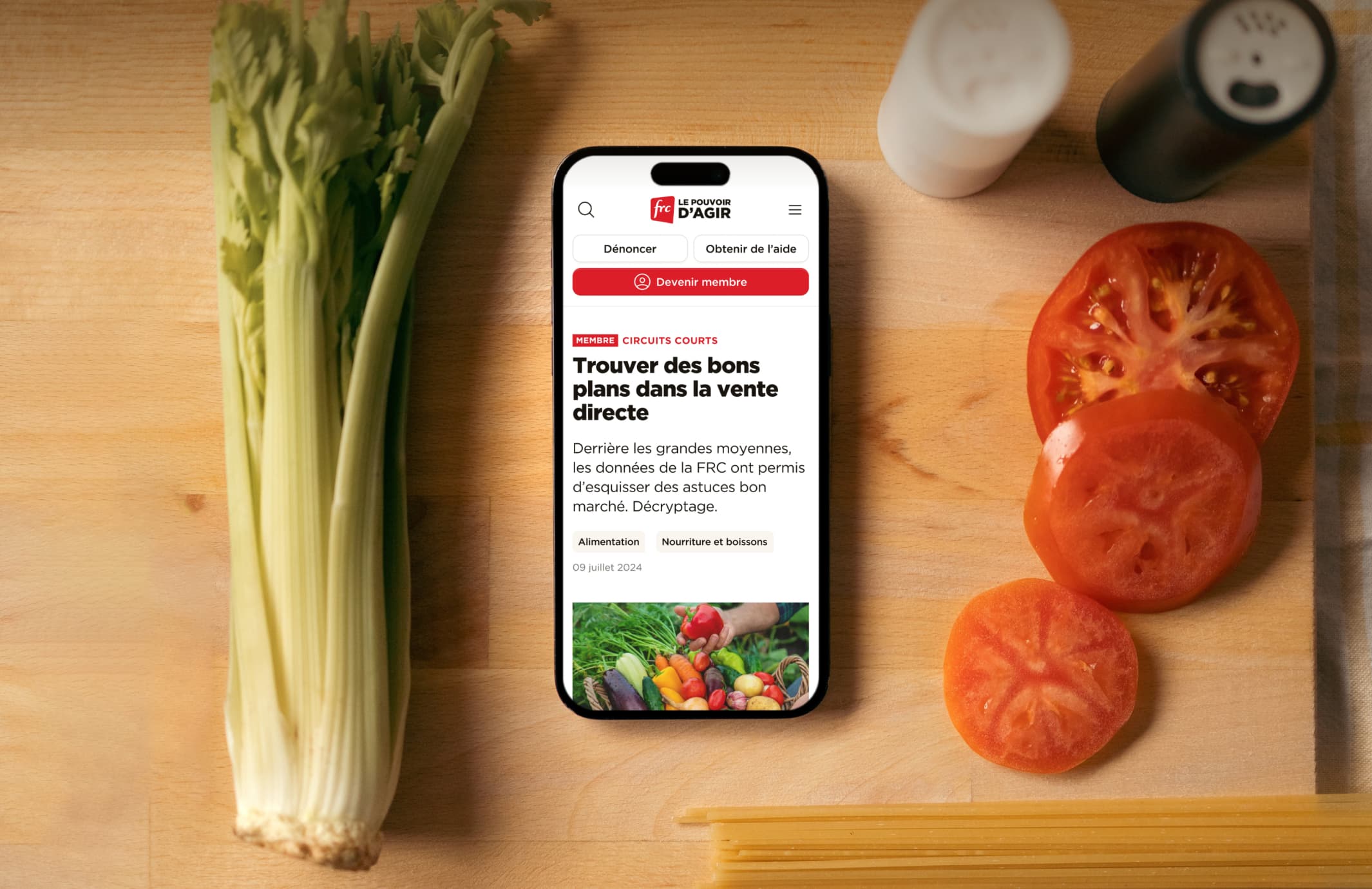 image des légumes et d'un smartphone avec le site de la frc